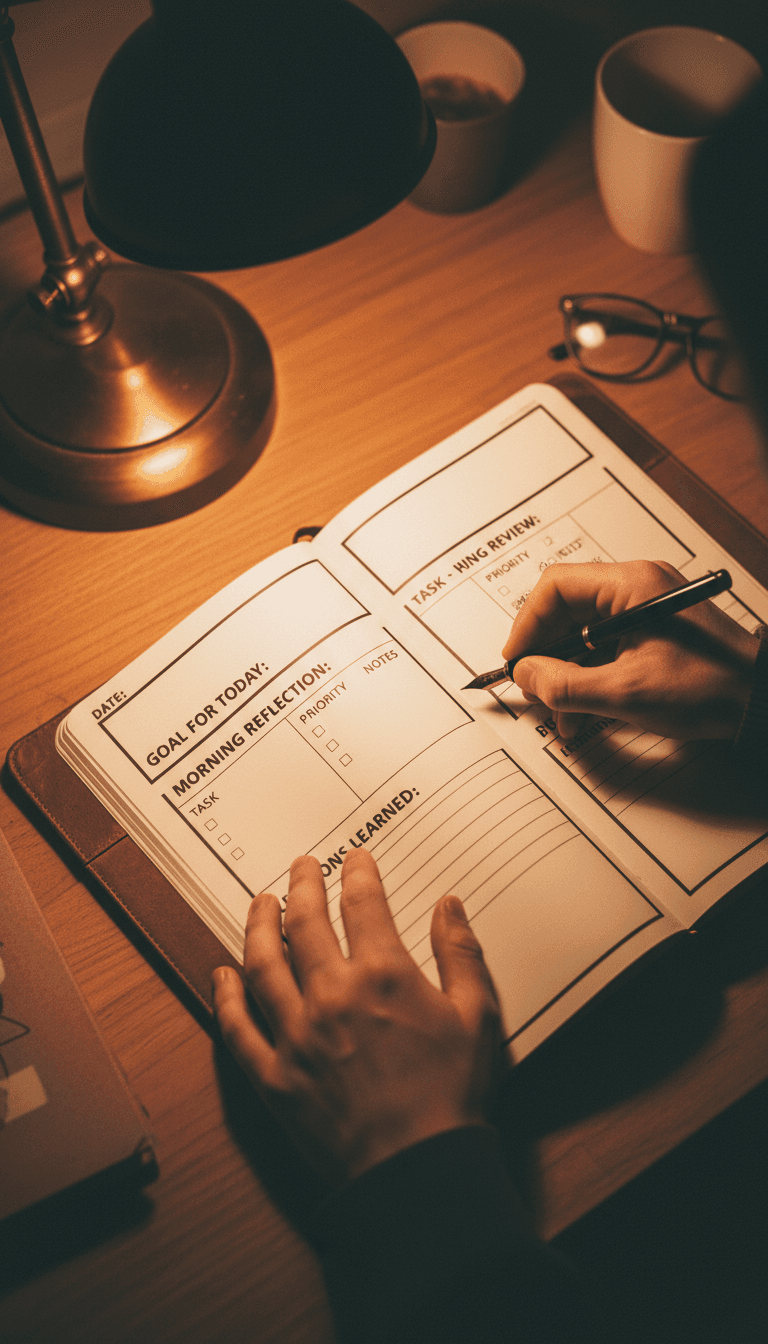 Manos escribiendo en una plantilla de diario para herramientas de escritura