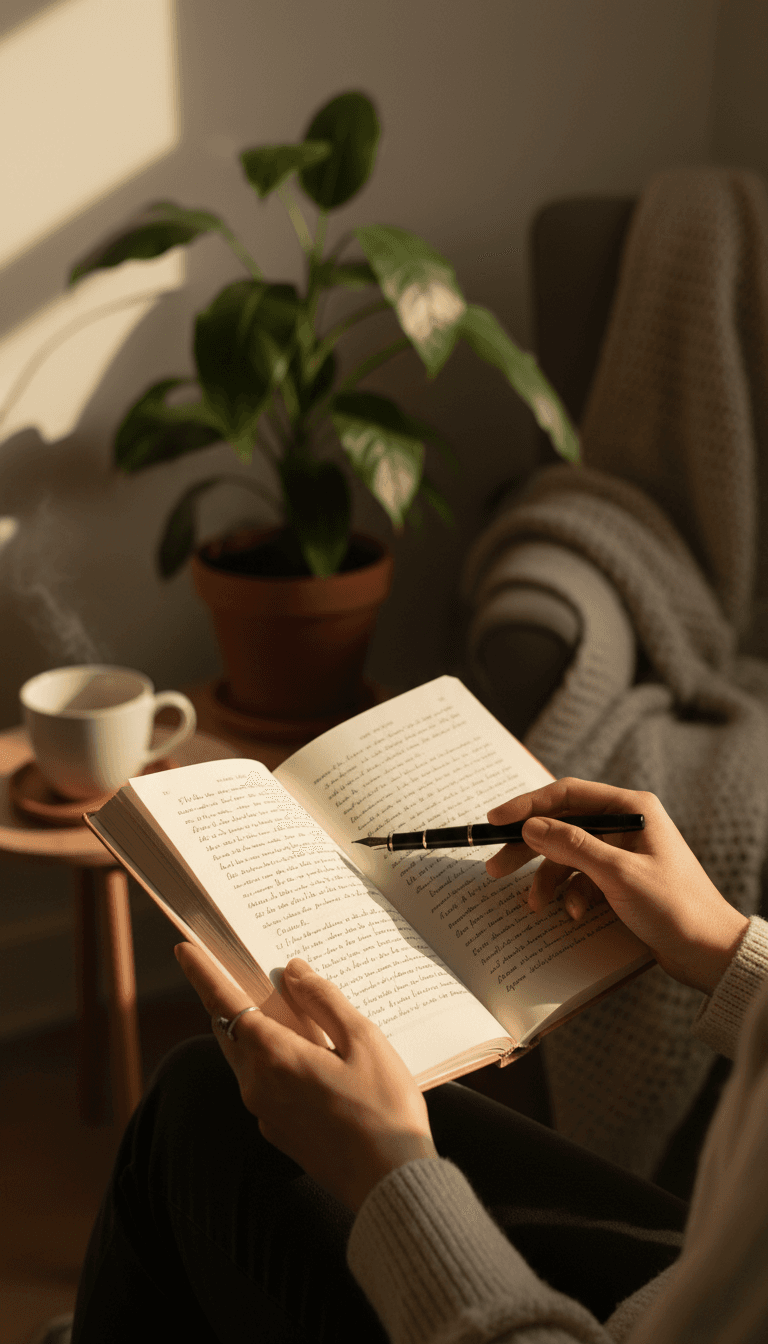 Mujer leyendo un libro con luz natural en un rincón de lectura acogedor