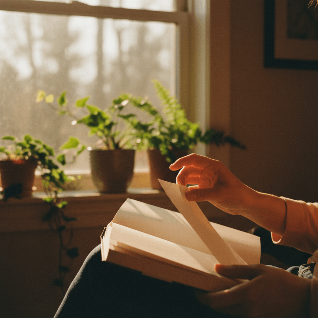 Manos de una mujer pasando las páginas de un libro junto a una ventana con plantas