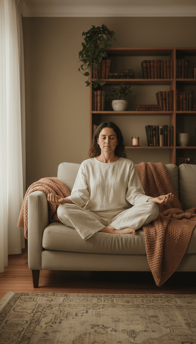 Persona practicando la observación de pensamientos en el sofá