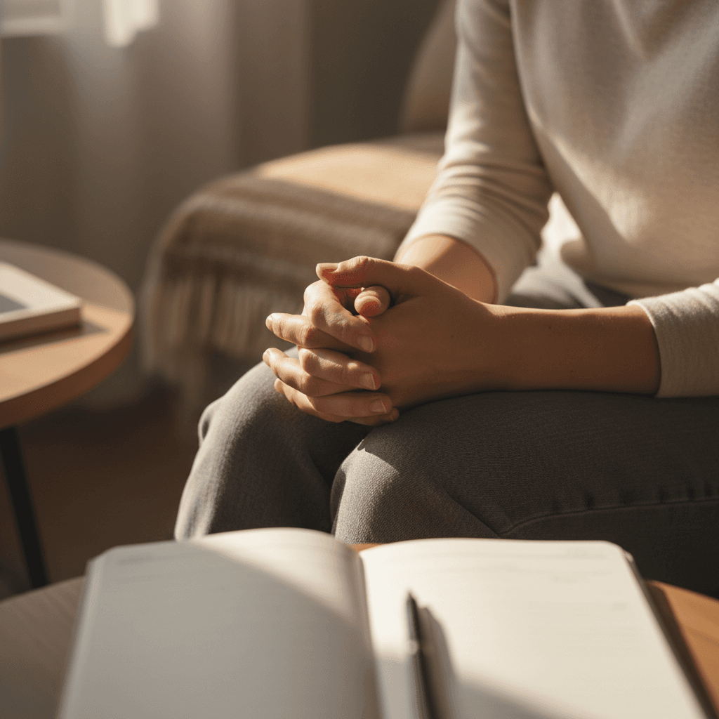 Close-up of client's hands resting during therapy session with soft natural window light in counseling office