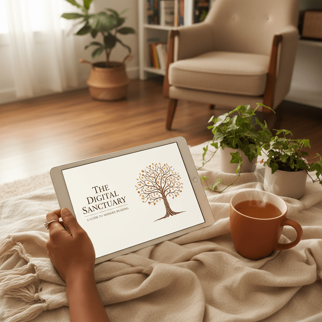 Reader's hands holding tablet displaying e-book in cozy home reading nook with beverage and plants