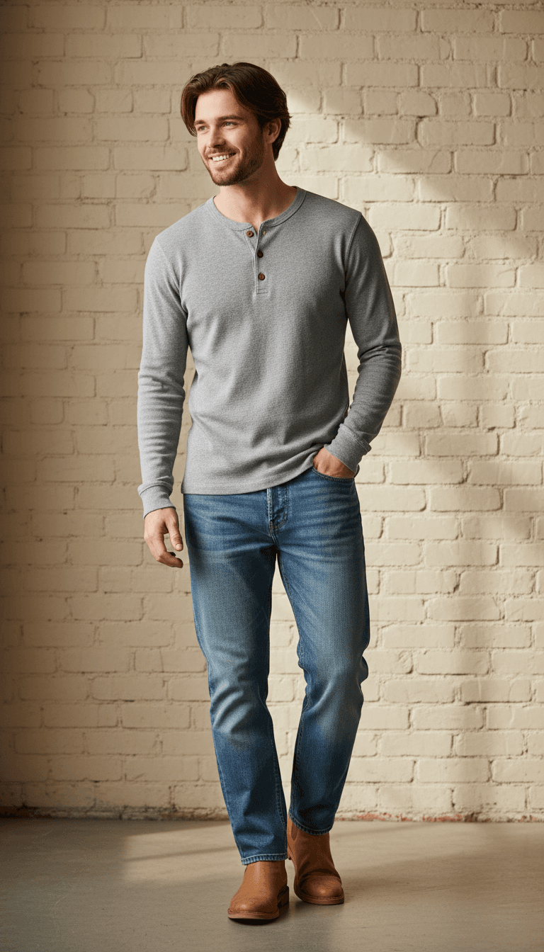 Young man wearing heather gray henley shirt and jeans standing against cream brick wall in soft natural light
