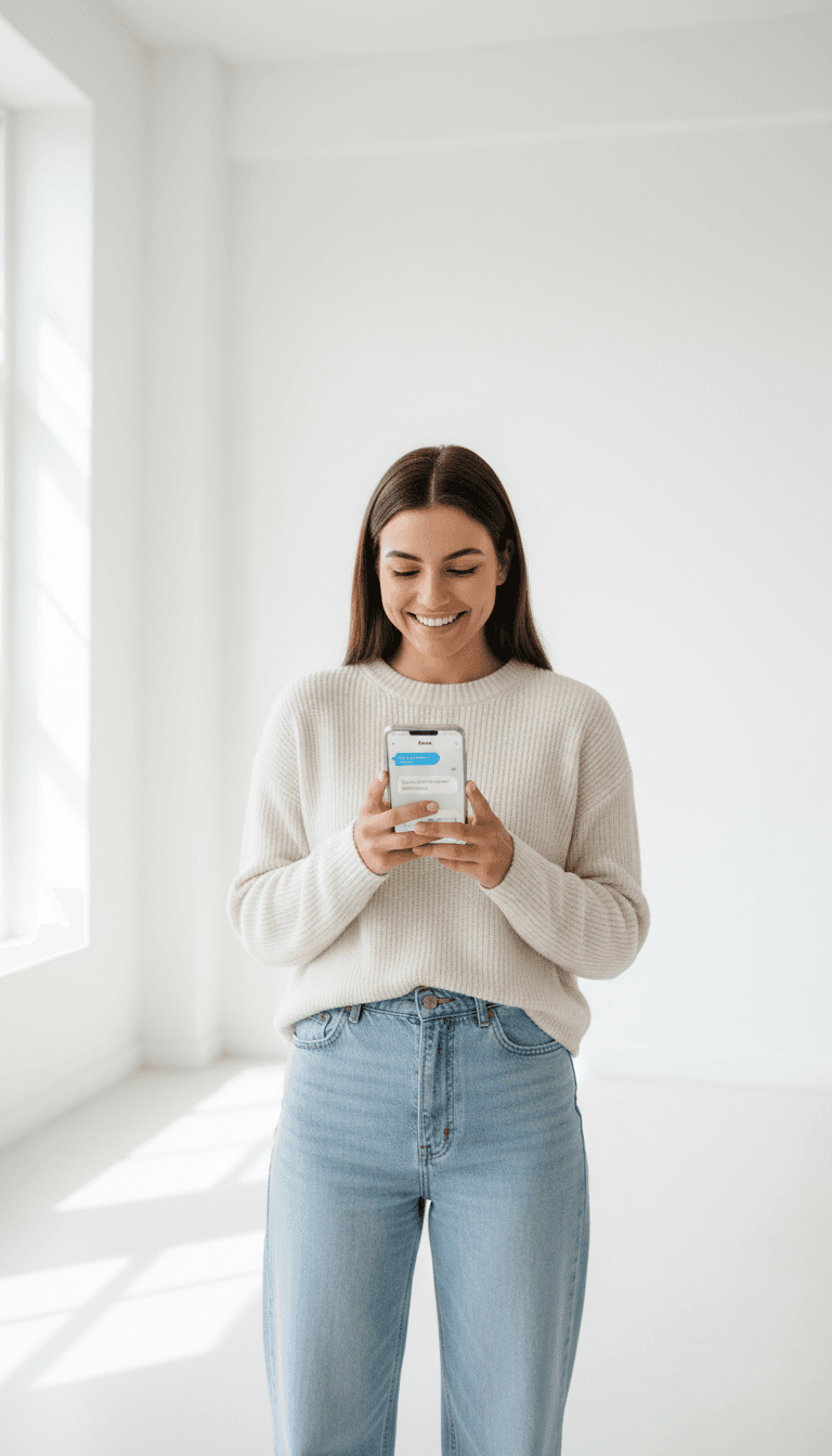 Young woman in casual clothing holding smartphone displaying active messaging app, smiling against bright white wall