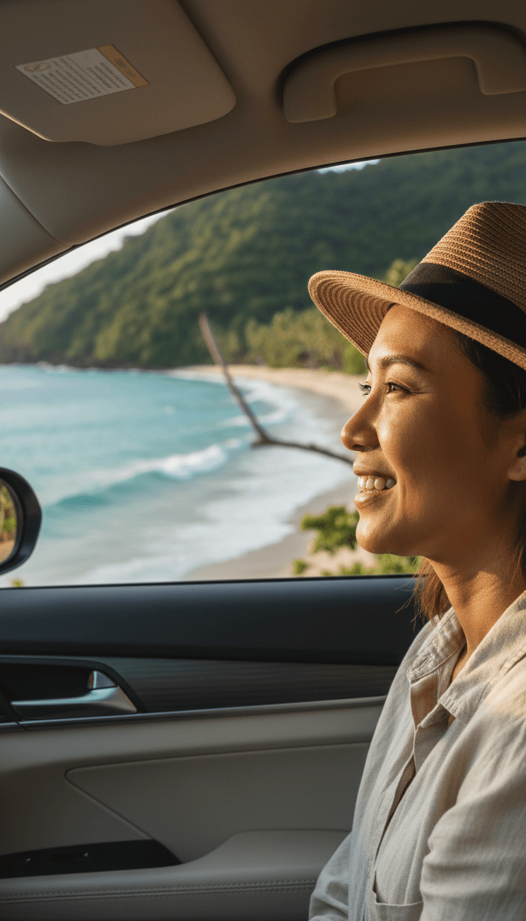 Smiling passenger gazing out car window at turquoise ocean and tropical hillside during golden hour travel