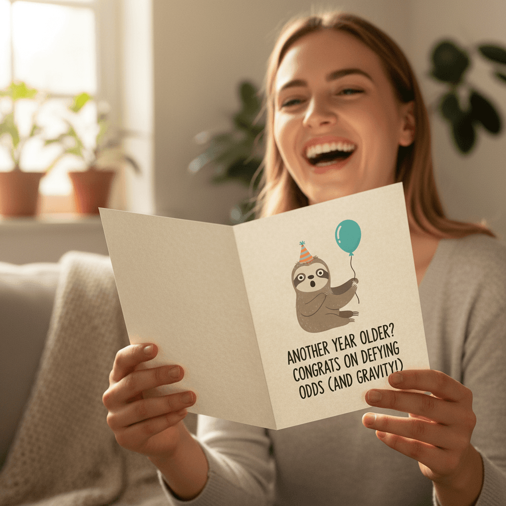 Hands holding opened greeting card with recipient laughing at comedic message in warm home setting
