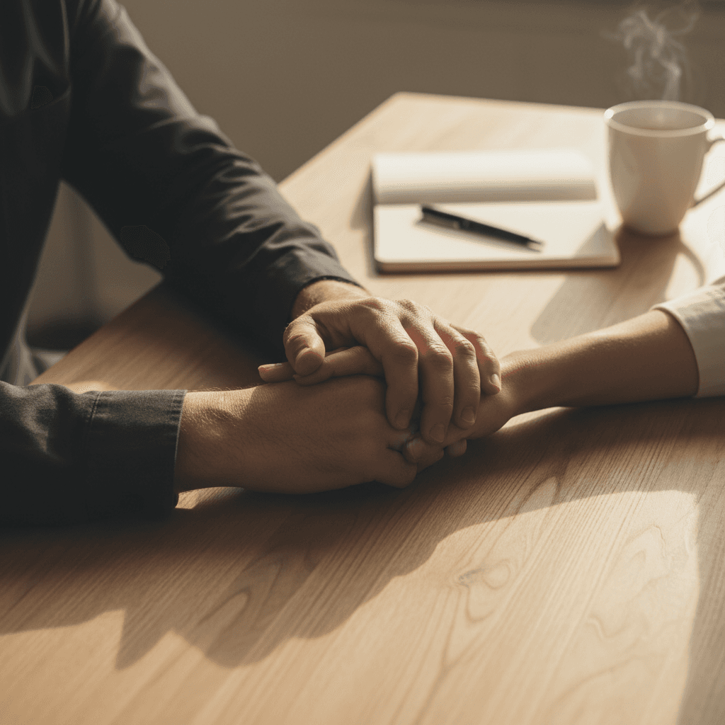 Close-up overhead view of two hands meeting supportively across wooden table during coaching consultation, symbolizing connection and partnership