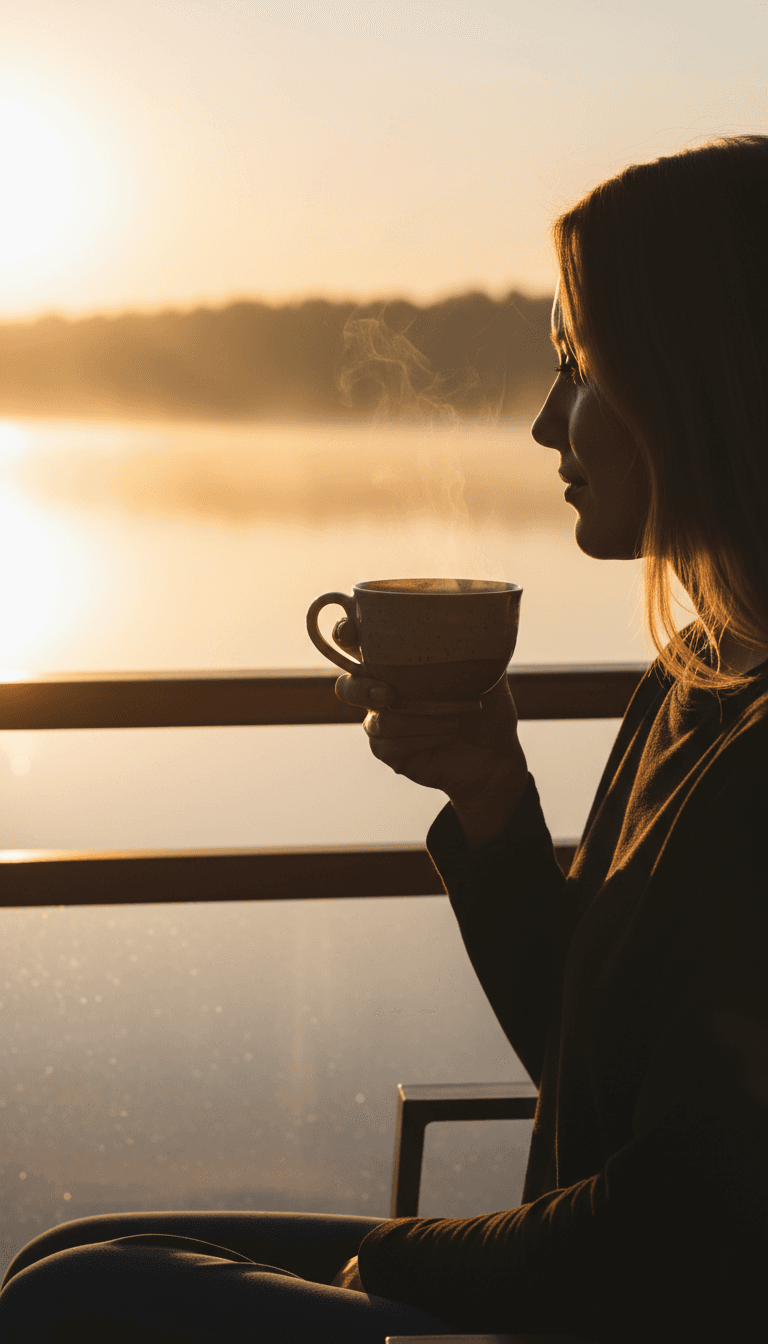 Guest enjoying morning coffee on private balcony at sunrise, overlooking serene lakeside water with soft golden light and mist