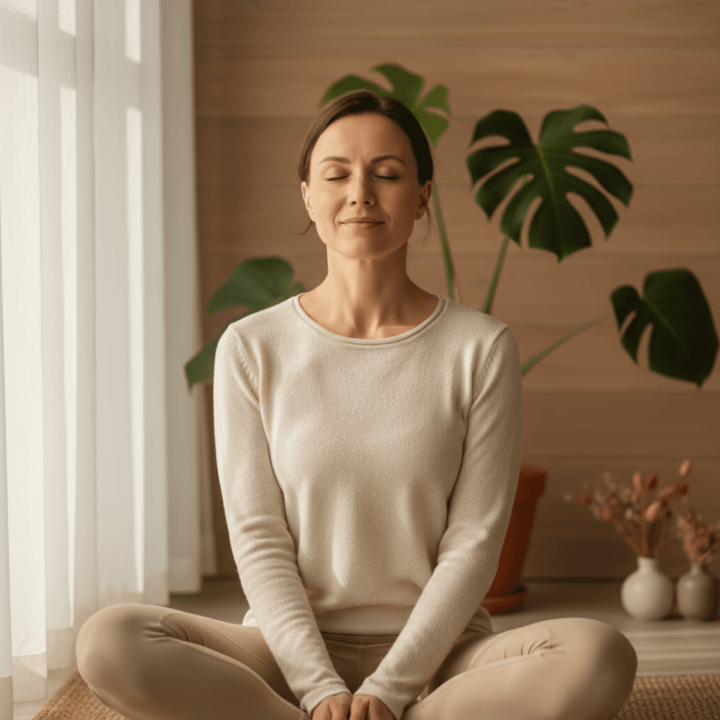 Professional woman meditating peacefully on yoga mat in sunlit wellness studio, expressing calm and emotional restoration