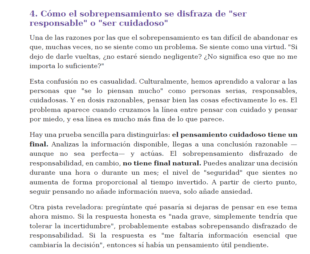 Texto sobre el sobrepensamiento disfrazado de responsabilidad y cómo diferenciarlo del pensamiento cuidadoso.