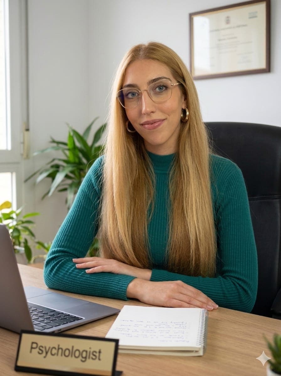 Psicóloga rubia con gafas y jersey verde sentada en su escritorio con un portátil.
